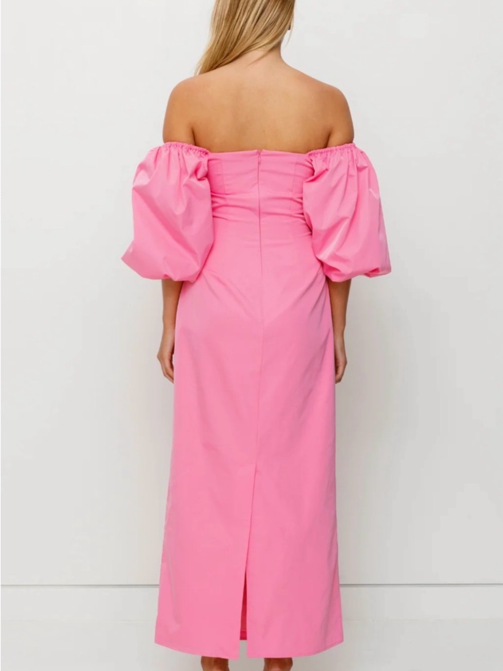 The Wolf Gang Amar Dress | Off-Shoulder Pink Puff-Sleeve Midi Dress with Bows - Picture 4 of 9